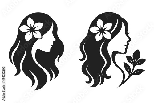 Beauty woman face silhouette with flower in hair logo design set. Vector illustration for cosmetic, spa, salon, and wellness. Natural feminine profile icon for skin care.