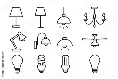 Lighting line icon bundle. Lamp, lightbulb, chandelier vector icons. Interior design elements. Desk lamp, wall sconce, ceiling fan light. Electricity outline pictograms for web.