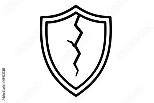 Cracked shield linear icon. Broken security symbol. Vulnerability and risk concept. Unsafe defense metaphor. Data breach, system error, privacy failure pictogram. Vector logo.
