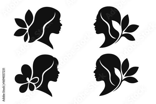 Beauty woman silhouette logo set. Flower and leaf emblem collection for spa, salon, cosmetics. Natural feminine hair care icon. Vector elegant profile face illustration.