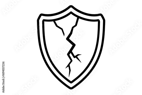 Cracked shield line icon. Broken defense symbol. Concept of vulnerability, risk, failure, insecurity, and danger. Metaphor for data breach, cyber attack, or system error. Vector.