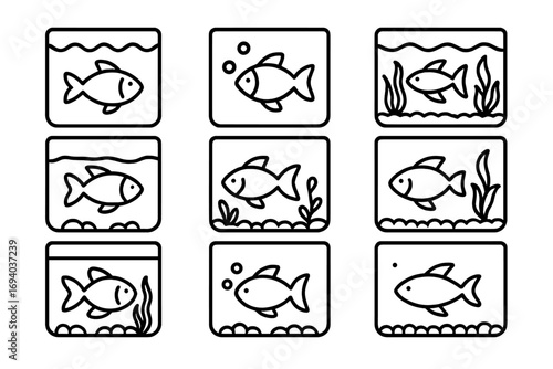 Set of aquarium line icons. Fish in fishbowl vector pictogram collection. Minimalist linear graphic for web design, apps. Aquatic pet, underwater animal, sea life symbols.