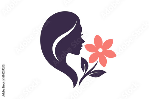 Beauty woman silhouette with flower logo design. Vector for cosmetics, spa, wellness. Female profile with floral element. Natural beauty concept for hair salon branding.