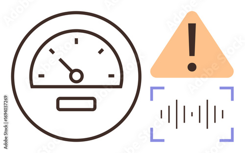 Speed dial, triangular warning sign with exclamation, and sound wave. Ideal for safety, alert, risk management, monitoring, danger, control systems simple flat metaphor