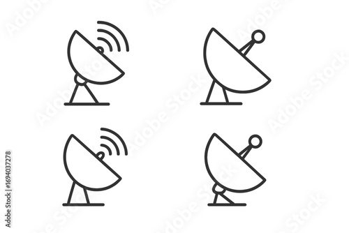 Satellite dish line icon set. Communication technology pictogram collection. Vector illustration of antenna, radar, broadcast signal. Minimal linear design with editable stroke.