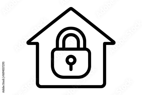 Home security icon with house and padlock. Property protection and safety concept. Real estate insurance symbol. Secure smart home outline vector logo for web and app.