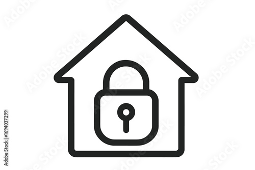 Home security system outline icon. House and lock symbol for safety and protection. Real estate property insurance concept. Secure smart home technology vector pictogram.