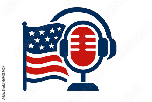 American podcast logo with microphone and USA flag. Vector concept for broadcasting, political talk shows, news radio, patriotic audio content, or American media symbol.