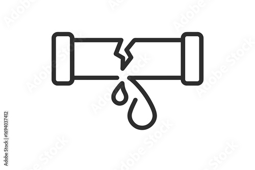 Broken pipe water leak icon. Plumbing problem. Damage, leakage, burst pipe concept. Dripping water. Cracked pipeline. Emergency repair. Water supply issue. Vector outline symbol.