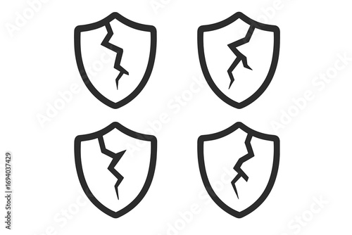 Cracked shield icon collection. Broken defense and security symbol. Concept of vulnerability, data breach, risk, damage, and system failure. Unprotected vector outline.