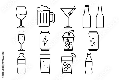 Drink and beverage icon set. Collection of thin line icons. Alcohol, soft drink, beer, wine, cocktail, soda, juice, water, energy drink. Vector graphic for menu, bar, web, app.