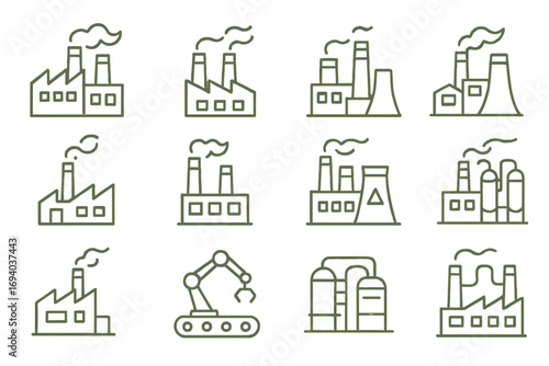 Factory and industry vector icon set. Outline symbols of manufacturing, production plant, industrial building, power generation, automation, assembly line, refinery, and pollution.