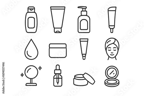 Cosmetics line icon set. Skincare and beauty outline pictograms. Vector symbols for shampoo, gel, cream, serum, makeup, and spa. Minimalistic design for web and apps.