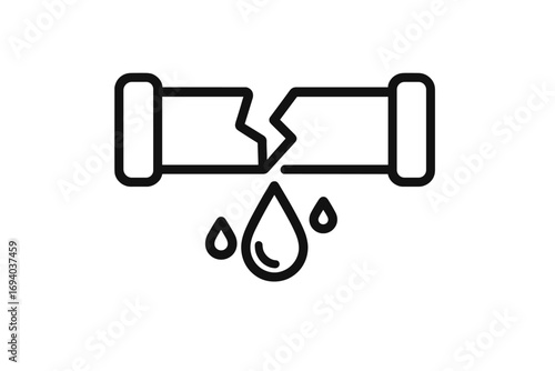 Broken pipe water leak line icon. Plumbing problem, burst pipeline, and water damage concept. Dripping liquid from a tube. Emergency repair service symbol. Vector outline illustration.