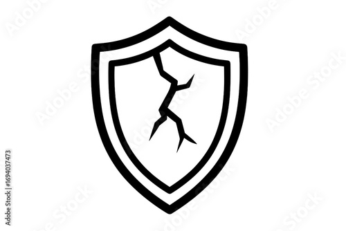 Cracked shield icon. Vulnerability, risk, and danger concept. Metaphor for data breach, weak security, and failed protection. Vector pictogram for web, antivirus, ui.