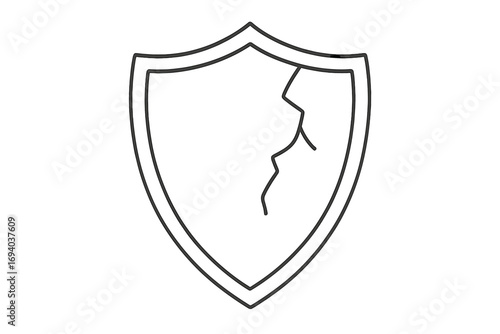 Cracked shield line icon. Metaphor for vulnerability, risk, and data breach. Broken defense and security failure concept. Unprotected symbol, weak guard vector illustration.