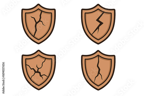 Cracked shield vector cartoon set. Symbol of broken defense, vulnerability, and failure. Damaged protection icon collection for security, risk, and data breach concepts.