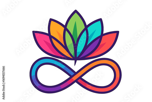 Colorful lotus flower with infinity symbol logo vector. Concept for yoga, meditation, wellness, and harmony. Eternal beauty and spiritual balance icon design illustration.