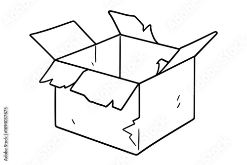 Line art illustration of a broken and empty cardboard box. Concept for damaged package, fragile delivery, shipping problems, or trash. Vector icon of a worn-out container.