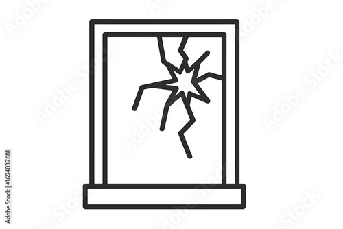 Broken window icon with cracked glass. Minimalist line art vector of vandalism, damage, or accident. Shattered pane illustration for concepts of destruction or fragility.