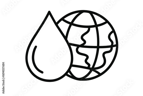 Water drop and globe line icon. Earth, environment, and ecology concept. World water day symbol. Clean water, sustainability, conservation, and climate change vector illustration.