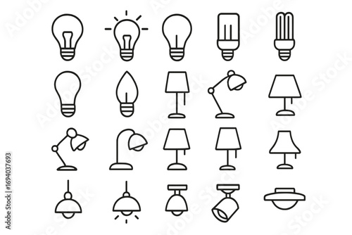 Lightbulb and lamp line icon set. Vector symbols for electricity, idea, and innovation. Collection of lighting fixtures like desk, table, and ceiling lamps. Editable stroke.