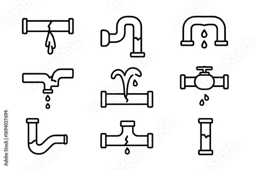 Broken pipe line icon set. Leaking water pipe, burst pipeline, and dripping valve icons. Plumbing problem, water damage, and emergency repair concept vector symbols.
