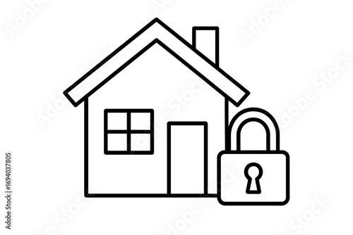 Home security concept with house and padlock icon. Vector line art illustration for safety, protection, insurance, and real estate. Secure property and mortgage safety symbol.