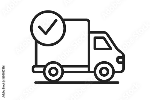 Delivery truck with checkmark icon. Vector symbol for confirmed shipping, successful transport, and completed order. Logistics service and freight delivery concept illustration.