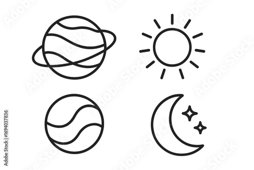 Cosmos line icon set with planet, sun, moon and stars. Outline celestial body signs. Space objects for graphic and web design. Minimalist astronomy vector symbols collection.