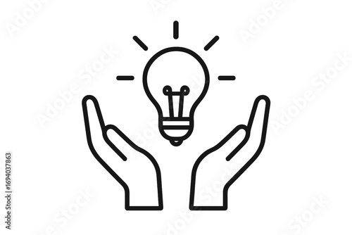 Hands holding light bulb line icon. Symbol of idea, innovation, creativity, and solution. Concept of new business idea, inspiration, and knowledge. Energy saving lamp.