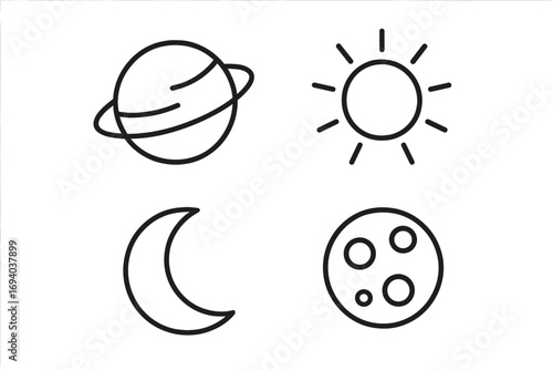 Cosmos bundle of related line icons. Planet, sun, moon outline signs for graphic and web design. Astronomy vector symbols. Celestial objects illustration for apps, adverts.