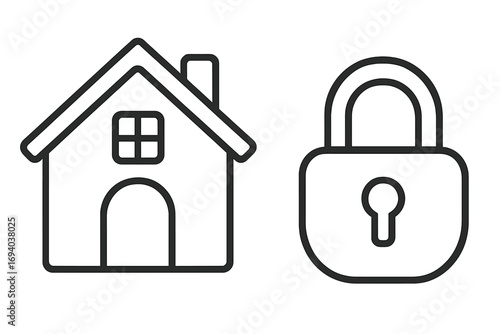 Linear vector of house and lock icons for security concept, home protection, and app graphics, simple black outline illustration with transparent background, ordered set design