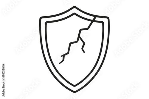 Cracked shield vector icon. Broken protection and security concept. Symbol of vulnerability, risk, and danger. Damaged defense sign for cybersecurity and data breach.