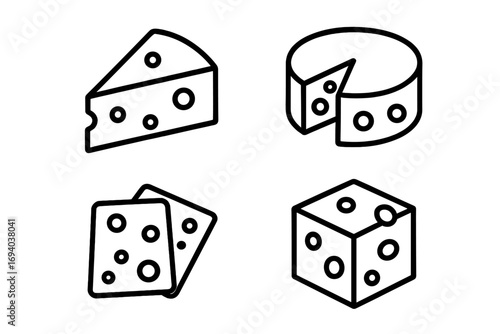 Cheese line icon set. Vector dairy food symbols. Minimal pictogram collection of Emmental, cheddar, swiss cheese wedge, wheel, slice and cube for web, app and graphic design.