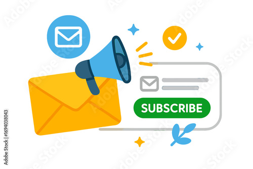 Email subscription form illustration with newsletter marketing concept, cartoon style with megaphone, envelope, subscribe button, user engagement, digital communication, transparent background
