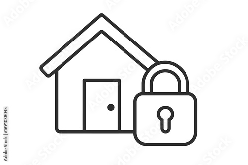 Linear vector illustration of a house with a lock symbol, home security concept, safety protection icon, secure property graphic, digital security design, cartoon style, transparent background, set