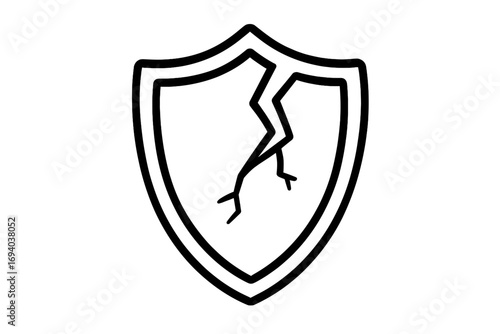 Cracked shield vector icon. Metaphor for vulnerability, broken protection, and security failure. Damaged defense symbol for data breach, risk, and cyber attack concepts.