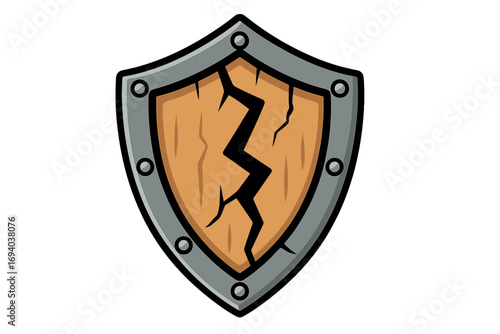 Broken wooden shield vector icon. Metaphor for vulnerability, lost protection, failed defense, or data security breach. Cracked medieval armor concept cartoon illustration.