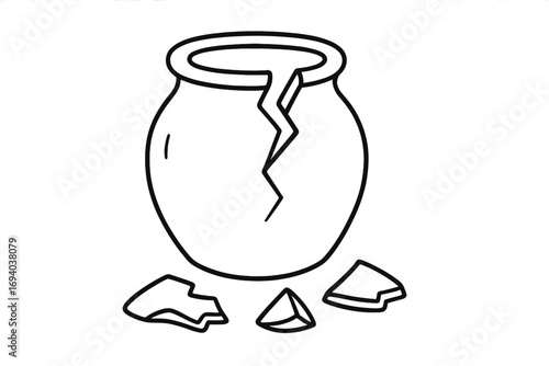Broken pot line art concept. Cracked clay vase icon. Symbol of fragility, damage, failure. Ancient pottery shards. Ruined antique jar. Vector outline doodle illustration.