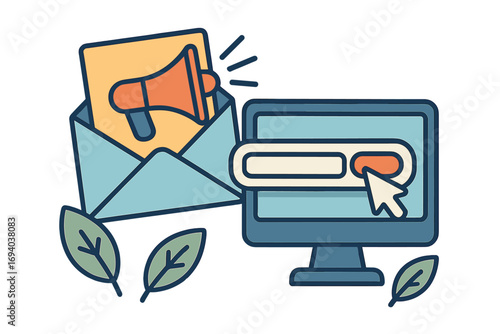 Newsletter subscription form with clickable button, digital marketing concept, email signup, online promotion, envelope with megaphone, vector cartoon illustration with transparent background
