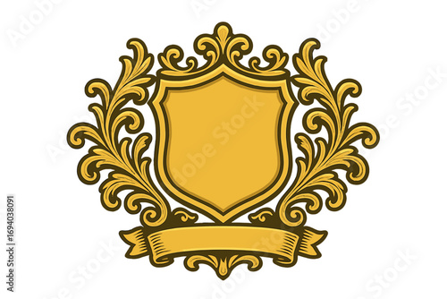 Golden vintage badge logo with elegant flourish ornament, ornate decorative vector frame design, classic heraldic shield emblem, retro cartoon illustration with transparent background