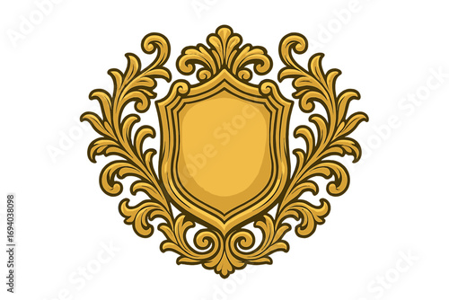 Elegant golden vintage badge with ornamental flourish, decorative emblem logo design, classic heraldic shield, luxury vector cartoon illustration with transparent background