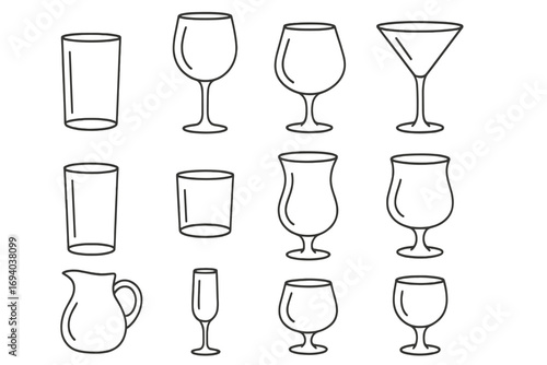 Glassware line icon set. Drink and beverage glasses collection. Vector outline symbols for bar, pub, restaurant menu. Wine, cocktail, water, juice. Web, app design element.