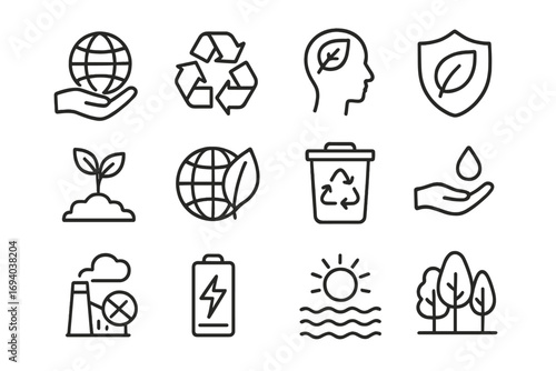Environmental protection line icon pack. Nature conservation outline signs. Eco friendly pictograms for web and graphic design. Green energy, recycling, and sustainability symbols.