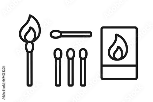 Modern matchstick outline icon set with flame, individual and grouped matches, matchbox vector illustration for design, cards, apps, social media, transparent background