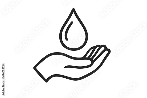 Hand holding oil drop line art logo design, minimalist vector illustration, natural fluid care symbol, clean energy and liquid resource icon, transparent background