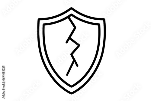 Cracked shield vector icon. Broken protection and security concept. Vulnerability, risk, and failure symbol. Unsafe defense sign. Damaged guard linear outline illustration.