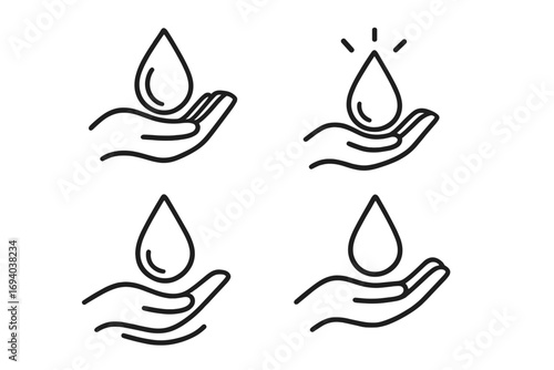 Hand holding oil drop line art logo design, vector cartoon illustration, transparent background, clean minimalist style, water droplet care symbol, set of four icons for branding and sustainability