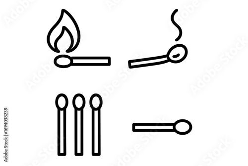 Set of modern black outline matchstick icons with flame, burnt and unlit sticks, minimalist vector illustration for design, apps, cards, social media, transparent background